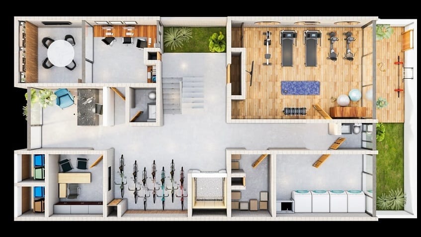 Ground floor plan with gym and bicycles parking at Torre Tierra Urban Condos