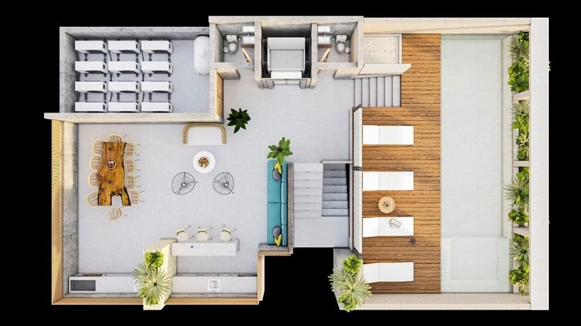 Rooftop floor plan with swimming pool and bbq area at Torre Tierra Urban Condos