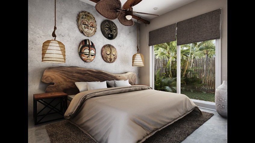 House bedroom with tall window and view for gardenat Asana Leaf Tulum