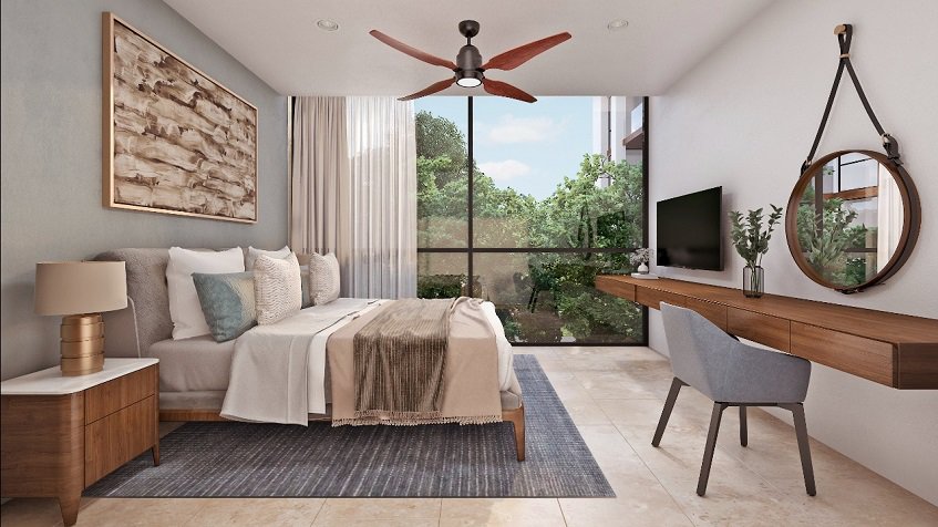 Large bedroom with a bed in front of tv screen and wall size window at Ceiba at 25 Condo