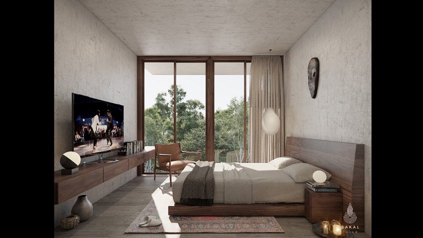 Bedroom with tv screen in front of the bed and terrace at Helena Tulum Luxury Homes