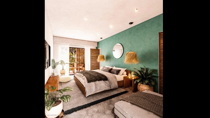 Large bedroom with king size bed with terrace at Kikaab Tulum