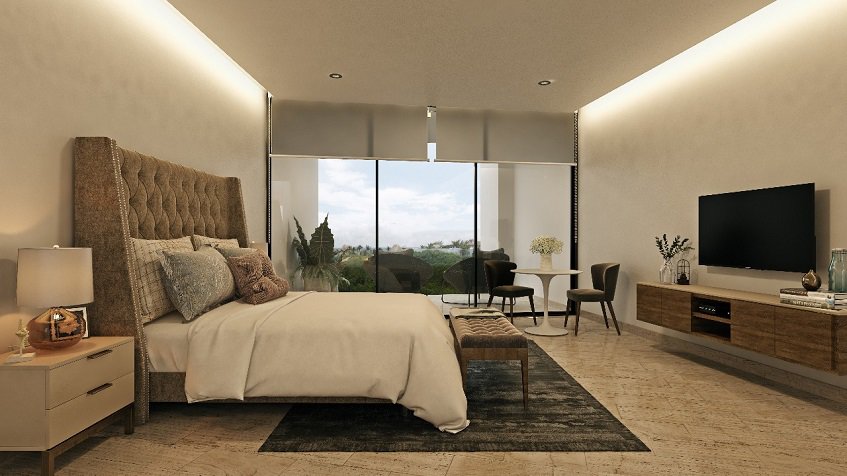 Large penthouse bedroom with large windows at Marila