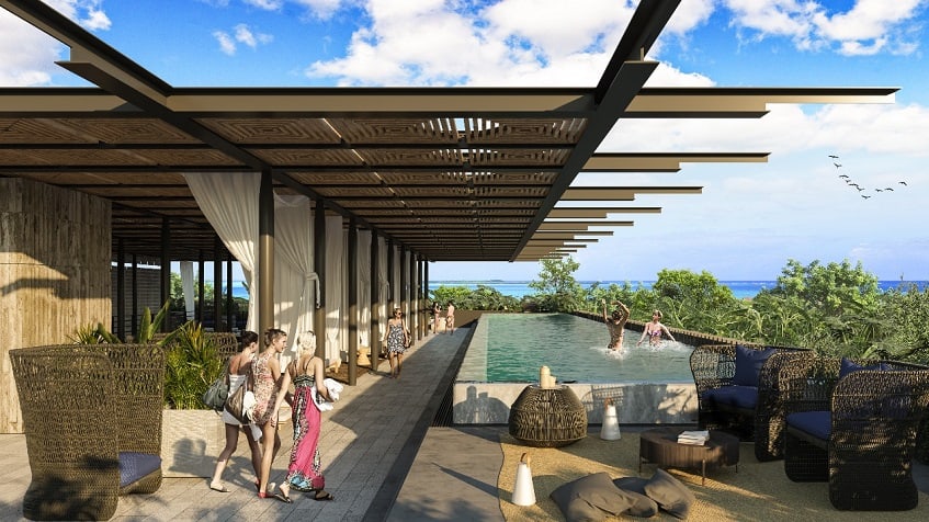 Rooftop with large swimming pool under the pergola and people walking and swimming at Naomi Selva