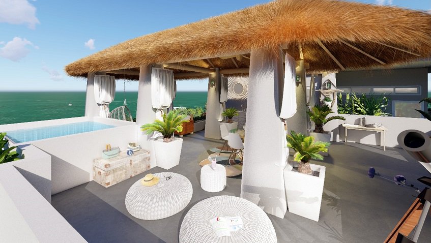 Rooftop palapa with small pool and seats at Nativo Cozumel