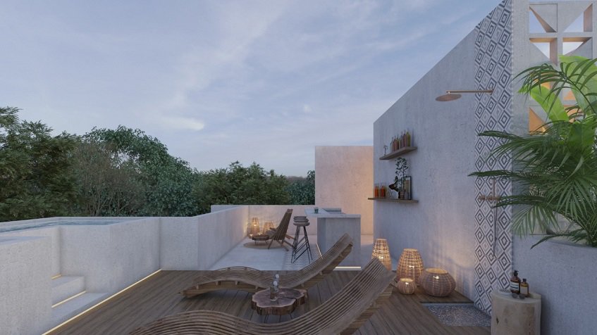 Rooftoop sundeck with shower and decorative pieces by the pool at Uxul Tulum by Anah