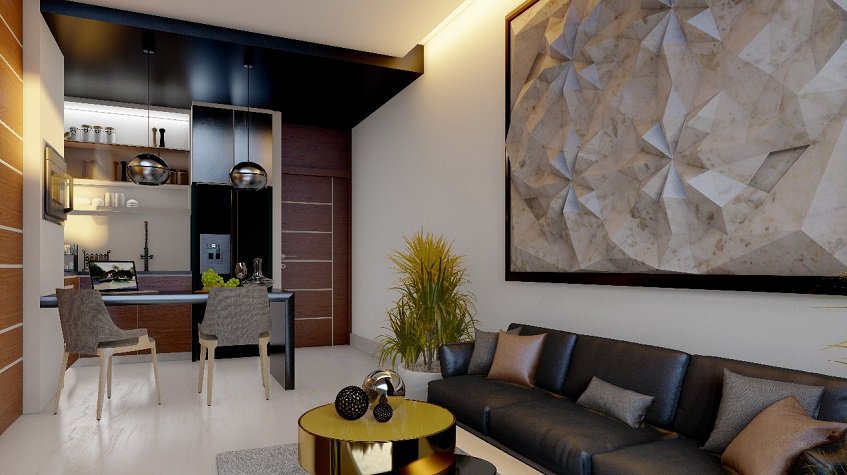 Living room with sofa and kitchen by an entrance door at Central Park Quintas