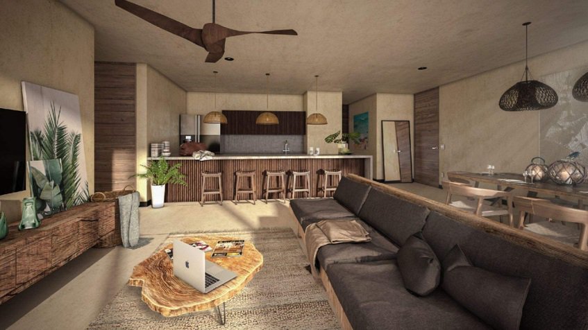 Penthouse with extra large sofa in the living room and kitchen at Ophelia Tulum