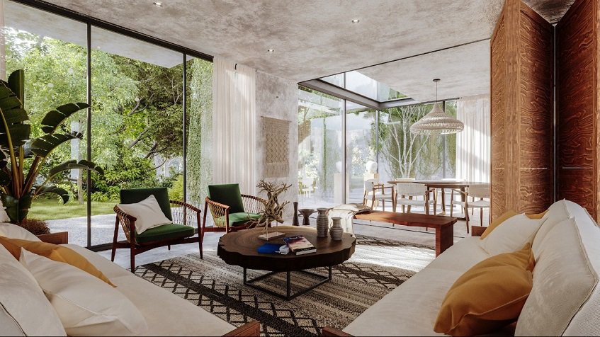 Glass wall living room with large wooden coffee table with a jungle view at Mar y Miel Tulum