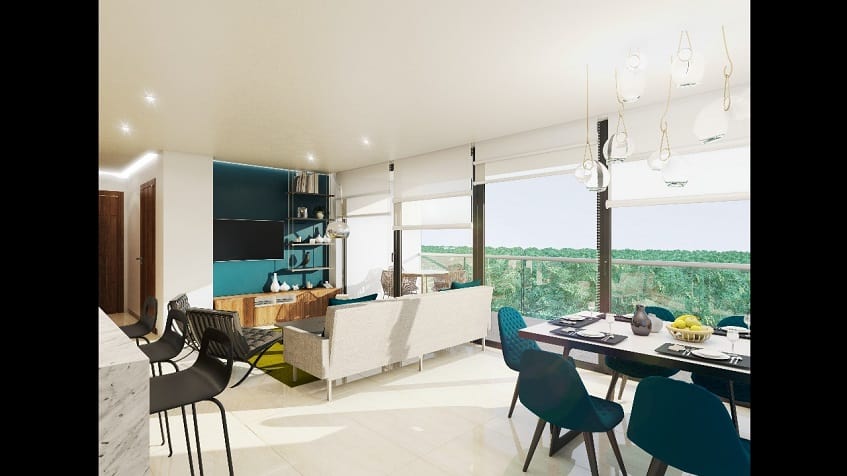 Living room on the high floor and jungle view at Downtown Ciudad Mayakoba