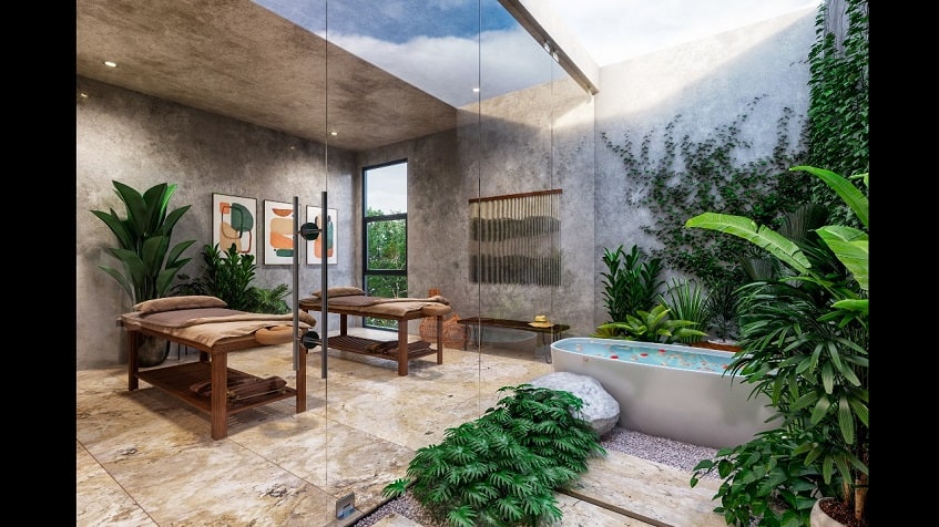 Indoor spa with two masage beds by the garden with jacuzzi at Uxul Tulum by Anah