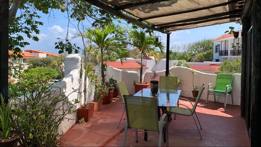 Terrace with garden table with the roof and lots of plants at Casa Playacar