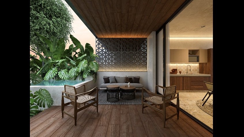 Kitchen and specious terrace with pool divided by sliding door window at Uxul Tulum by Anah