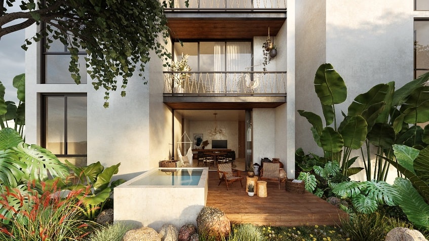 Private ground floor terrace with pool by the garden and balconies at Uxul Tulum by Anah
