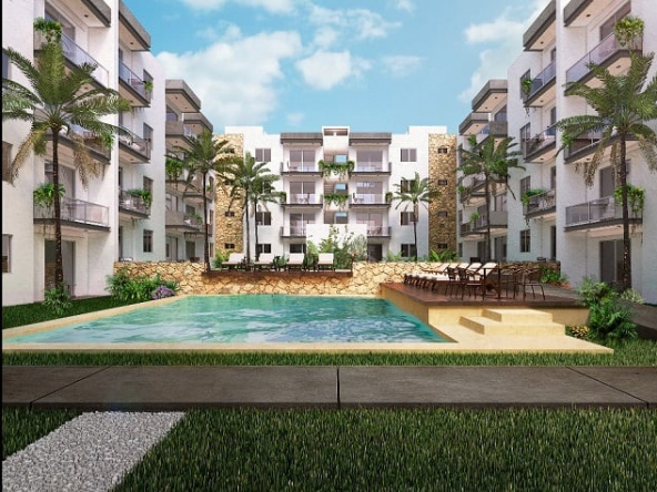 Residential buildings around a big pool with solario at Lu'xia Residencial