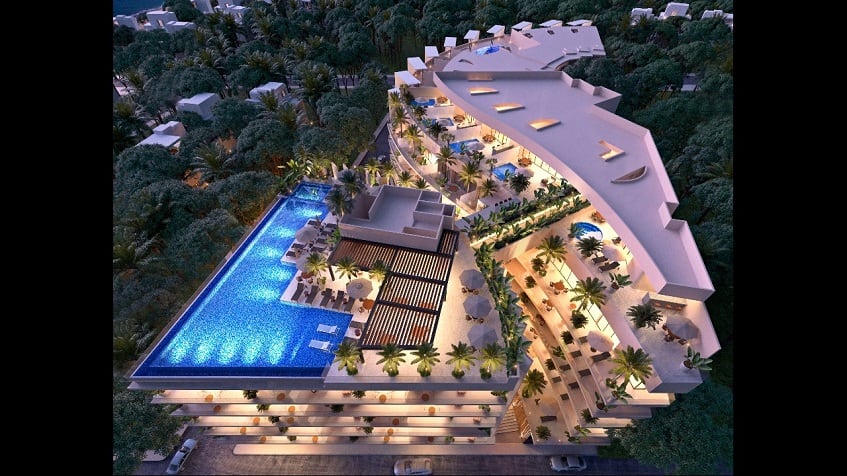 Top view of Residential building with private pool terraces and main pool on the rooftops at Marila