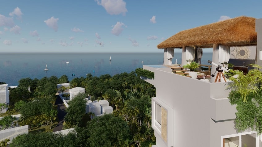Top view of rooftop with palapa and ocean- jungle surrounding at Novara Elevated Living