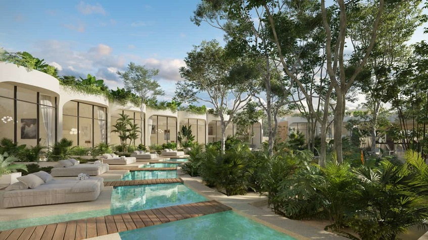Private pools and terraces by the glass wall villas and park of Mistiq Villas Tulum