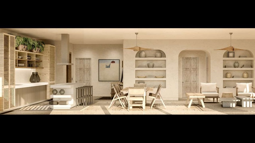 Kitchen with living room decorated with built in shelves the Costa Residences & Beach Club