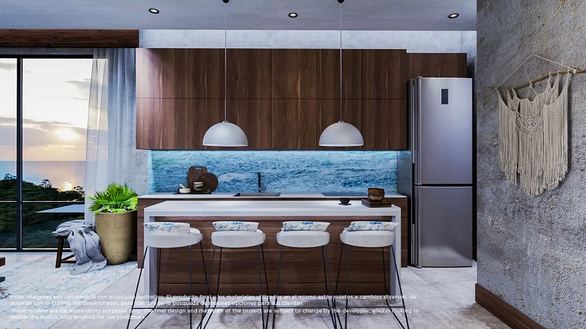 Kitchen with handcrafted decor on the wall at Solemn Ocean Living