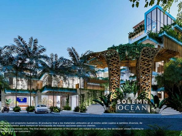 Building entrance with the stairs and logo surrounded by vegetation at Solemn Ocean Living