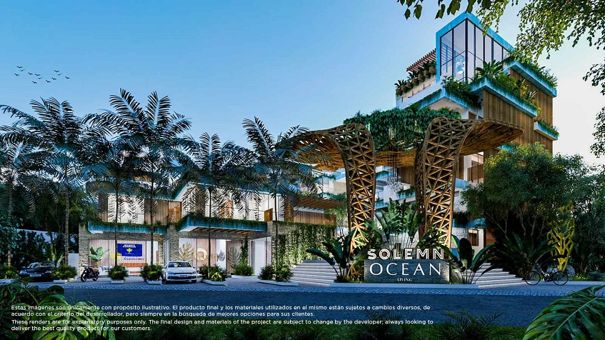 Building entrance with the stairs and logo surrounded by vegetation at Solemn Ocean Living