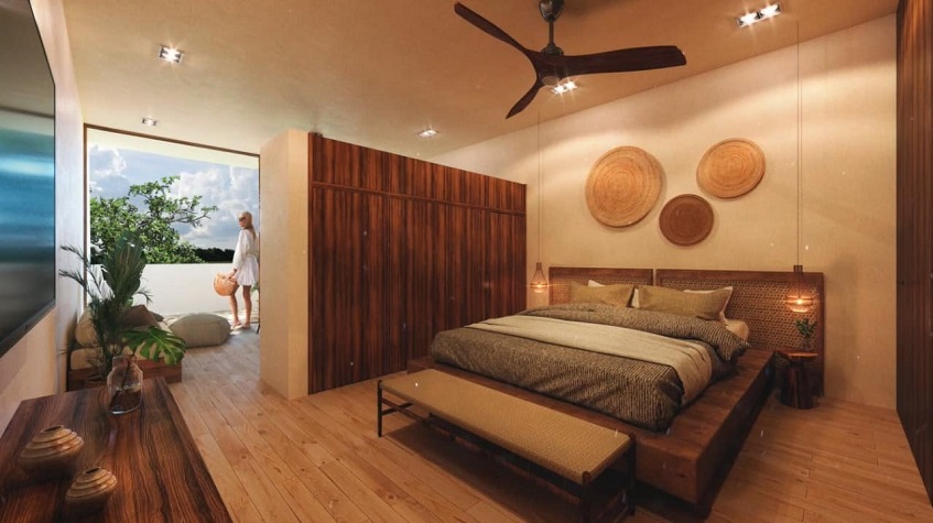 King size bedroom with large wooden closet and terrace at Bacab Tulum