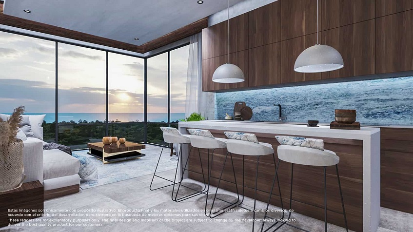 Kitchen with breakfast bar and view for sunset at Solemn Ocean Living