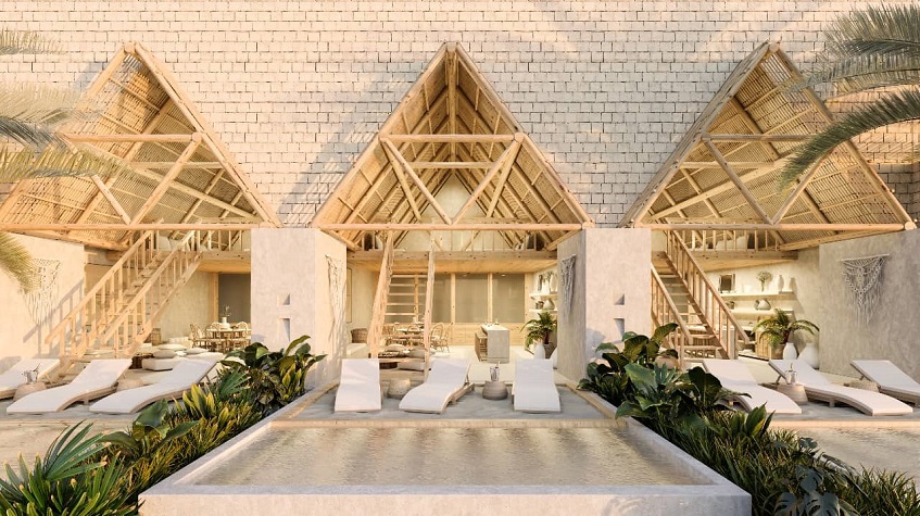 Three Terraces in front of the private pools and wooden facades with stairs of Costa Residences & Beach Club