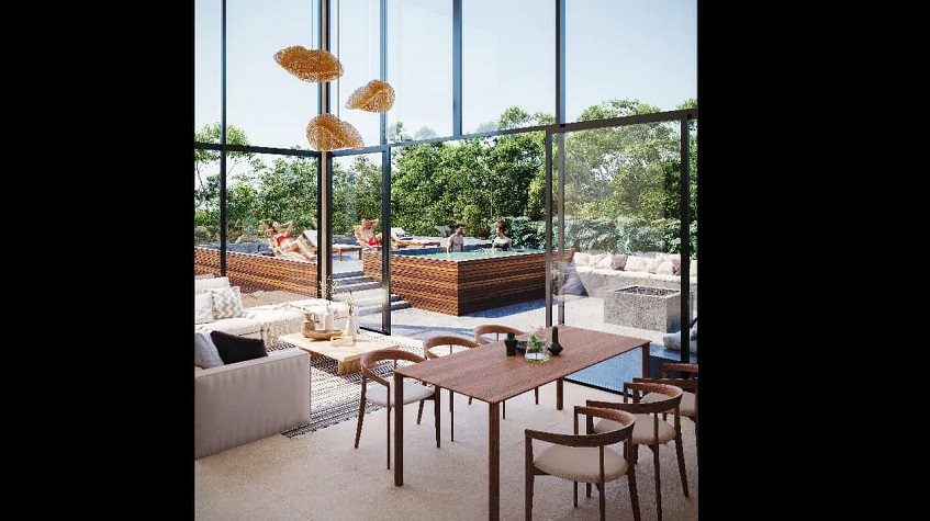 Indoor setting with the glass facade and view for the pool at Xibalba Tulum