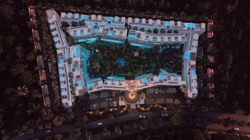 Top view of the garden inside the condominium and rooftops at 101 Park Tulum