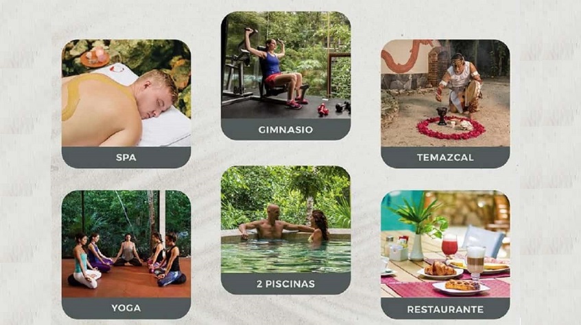 Collage of spa, gym, temazcal, yoga, two pools and restaurant at Solana Akumal