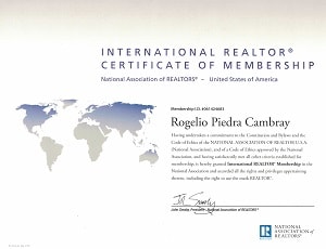 International Realtor Certificate of Membership - Rogelio Piedra Cambray