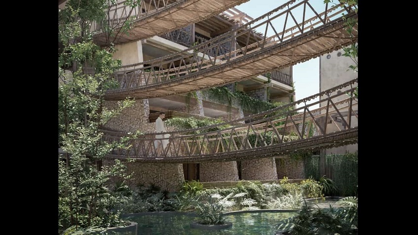 Three level hanging bridge terraces between residential buildings and man walking at Alquimia Home Resort