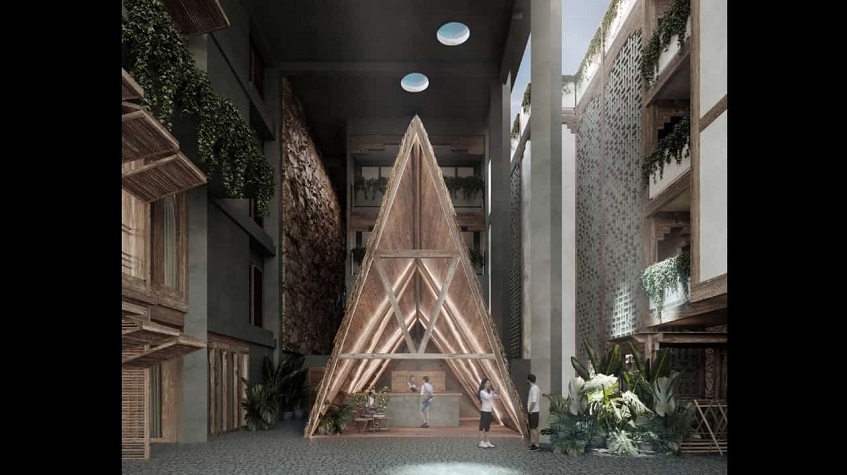 Reception desk with triangle decor around in the lobby of Alquimia Home Resort