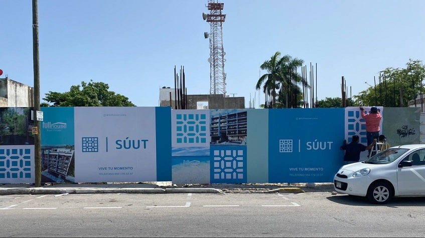 Construction area with advertisement of new development at SUUT at Playa del Carmen