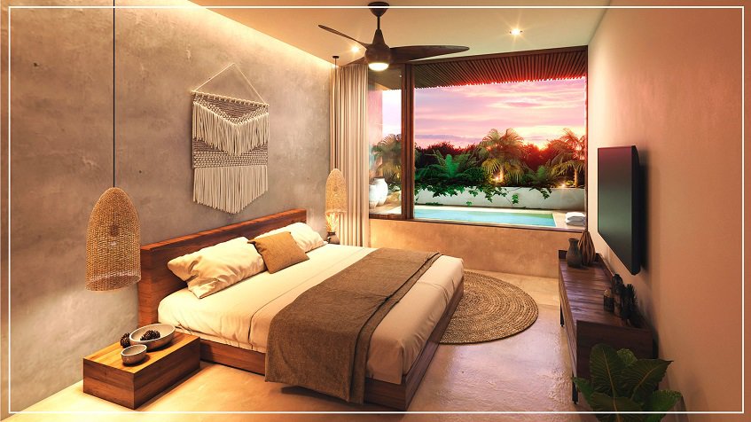 Bedroom with large window and pool terrace at Nequen Tulum
