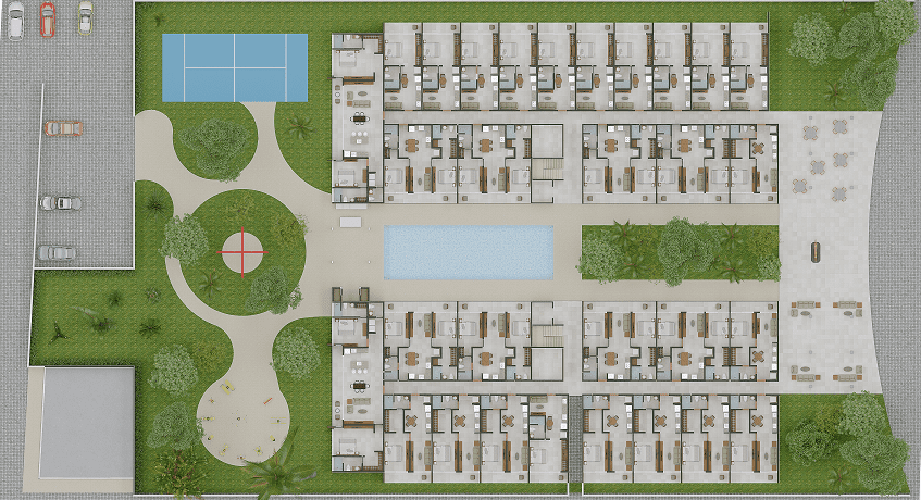 Residential area floor plan with paddle court and pool at Distrito Arte Tulum