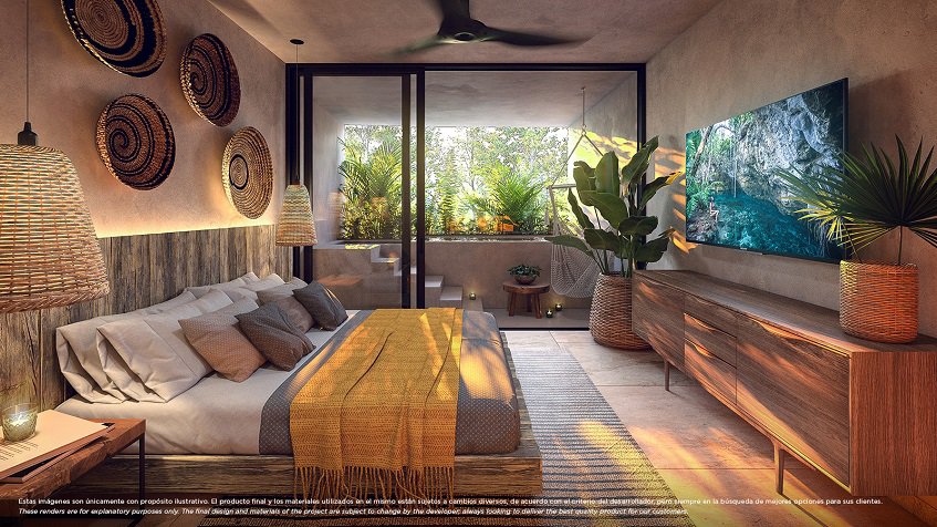 King size bedroom with TV screen in front of the bed y jacuzzi terrace at Nativa Tulum