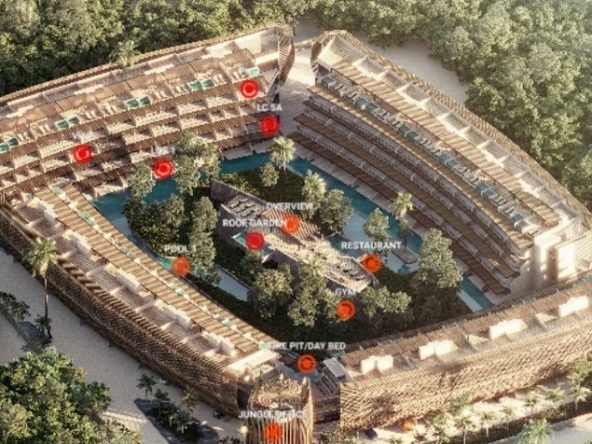 Condominium residential in a square shape, garden in the middle and red dots pointing various locations at Beutiful Tulum