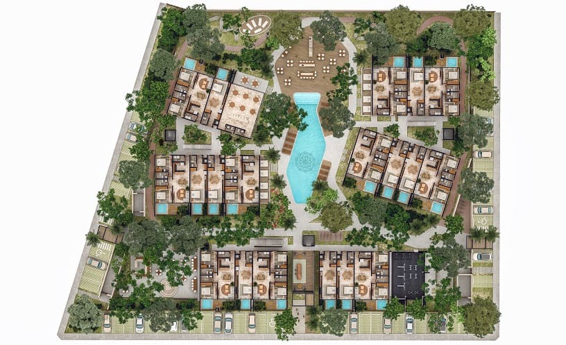 Condominium floor plan with five residential buildings and pool at Nativa Tulum