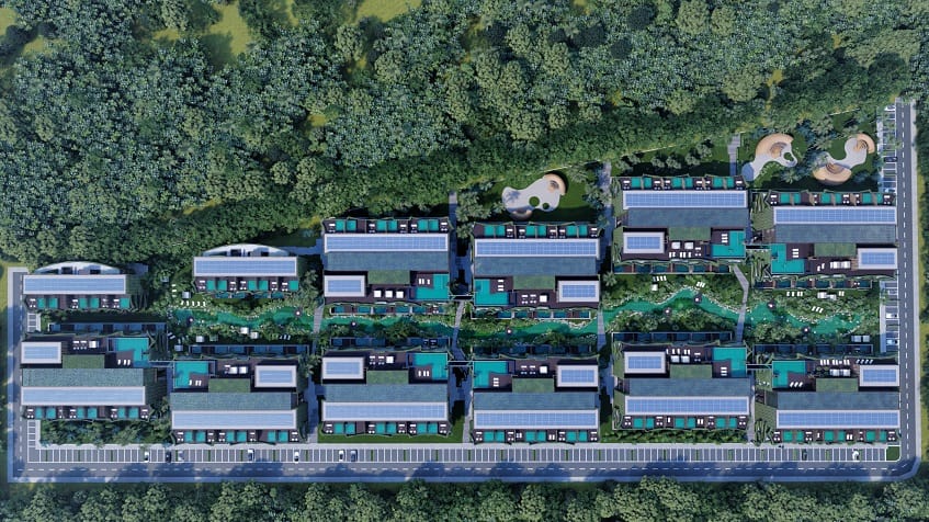 Top view of the condominium with pools, solar panels, and river in the middle at Amira District