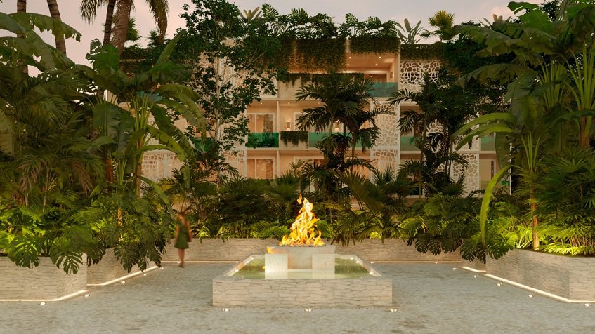 Fire pit in front of residential building in Ocean Tulum