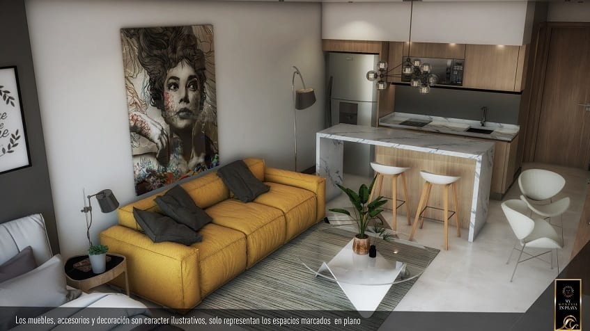 Studio with yellow sofa and kitchen in My Menesse in Playa