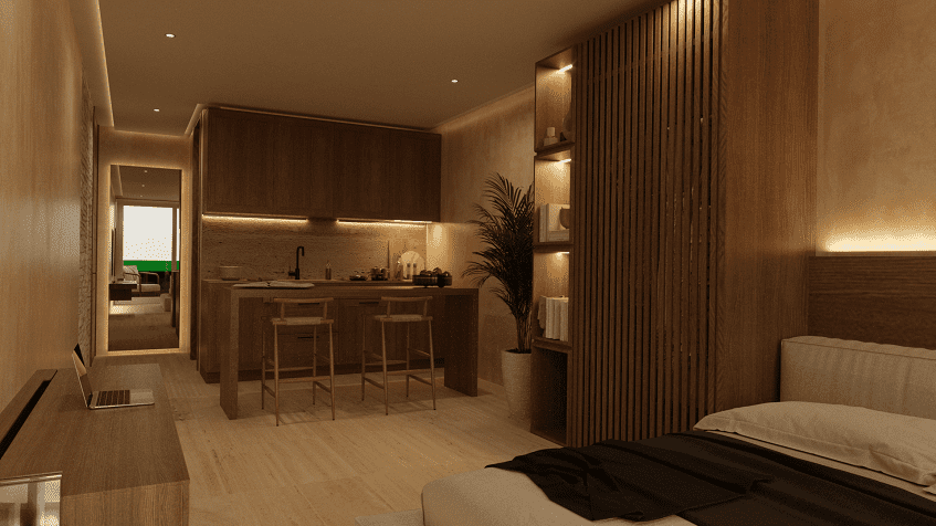 Studio interior with bed and kitchen in Ocean Tulum