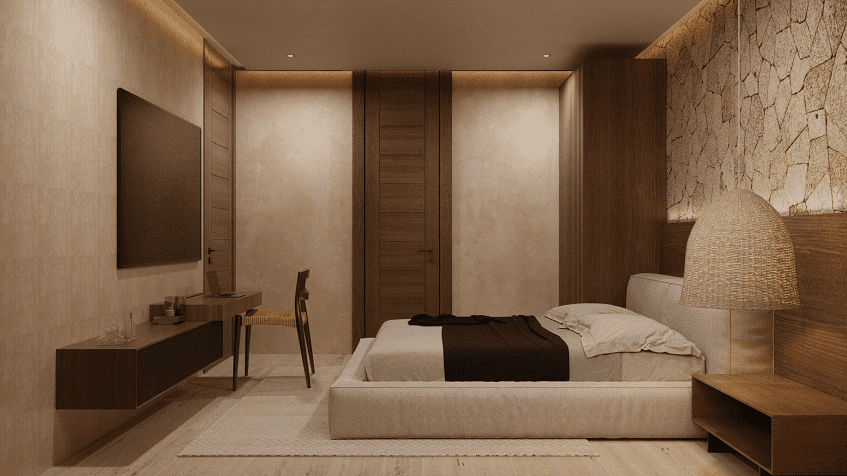 Bedroom with wooden closet and two doors in Ocean Tulum