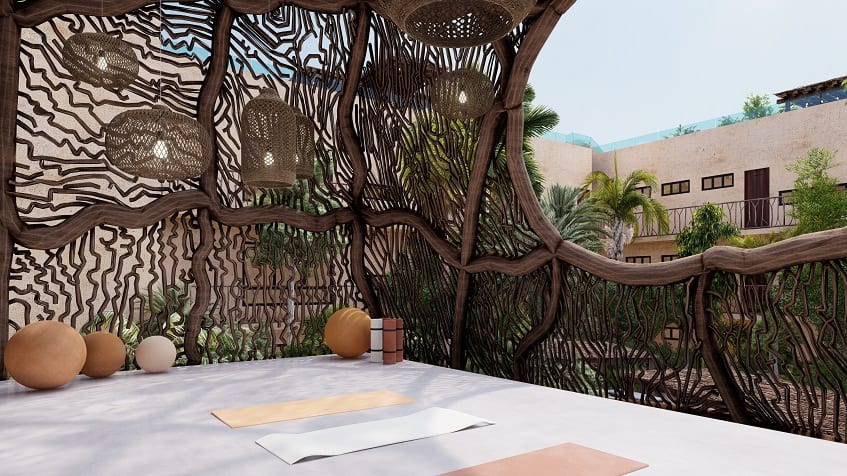Palapa structure and yoga mats on the floor at Elemental Tulum