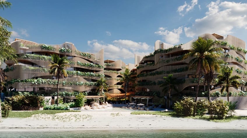 Residential building facade in front of the beach at Maiim Oceanfront Living