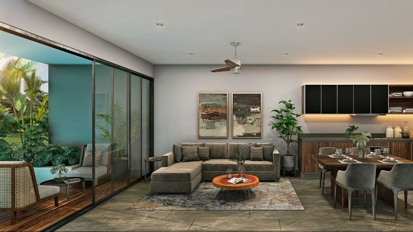 Living room with corner sofa and terrace at Paramar Black