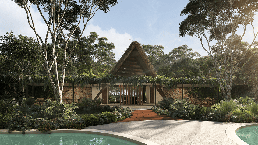 Low building with triangle roof surrounded by vegetation at Paramar Black